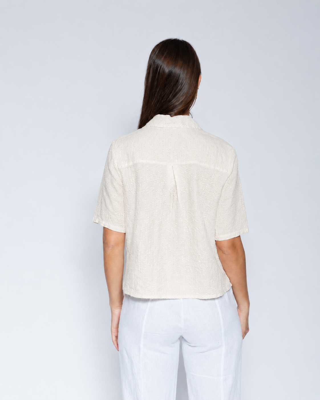 Blueberry Cropped Camp Shirt, Embroidered Ecru