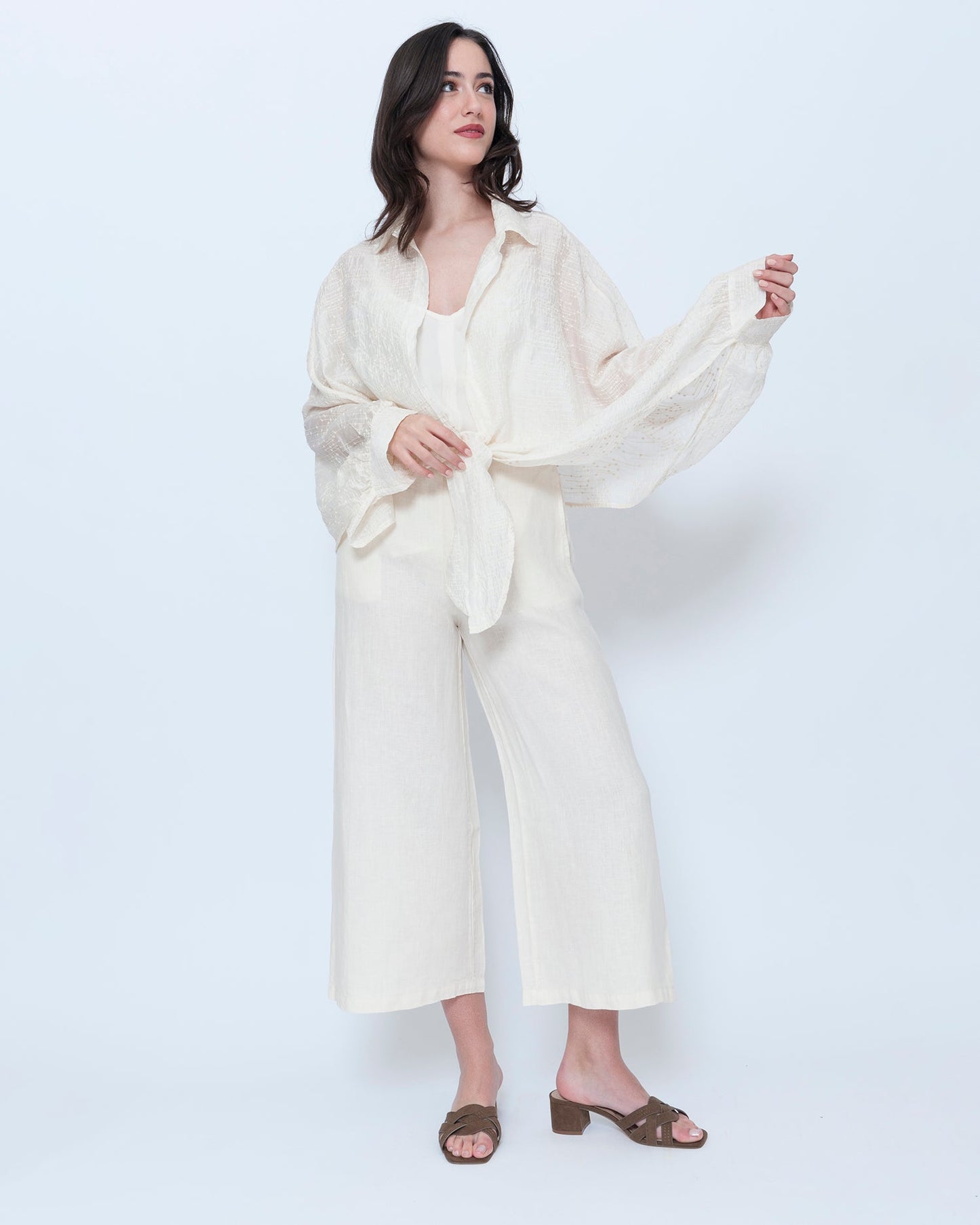 Blueberry Wide Leg Crop Pants, Ecru