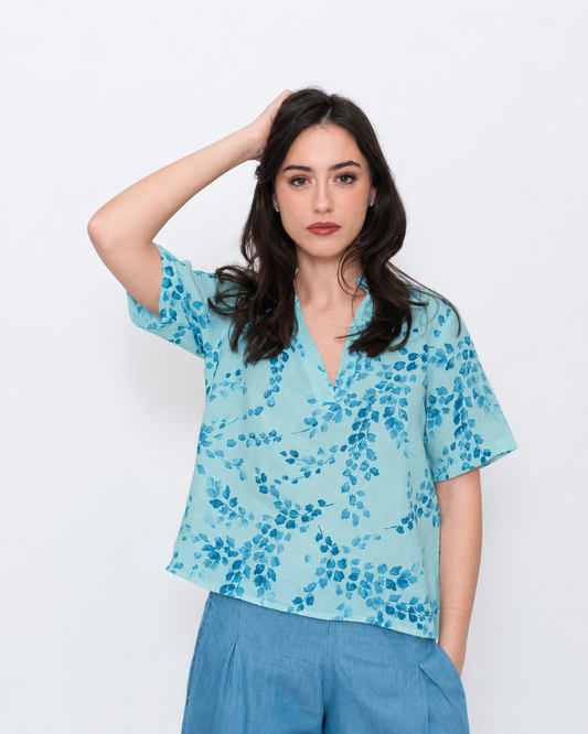 Blueberry Popover Top, Aqua Flora