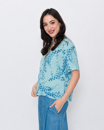Blueberry Popover Top, Aqua Flora