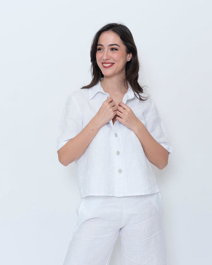Blueberry Cropped Camp Shirt, Embroidered White