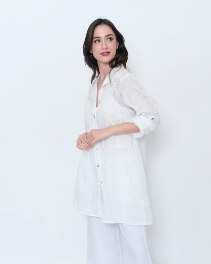 Blueberry Sheer Button Up Tunic, Embroidered White