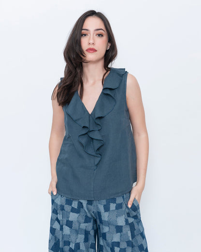 Blueberry Wave Neck Sleeveless Top, Navy