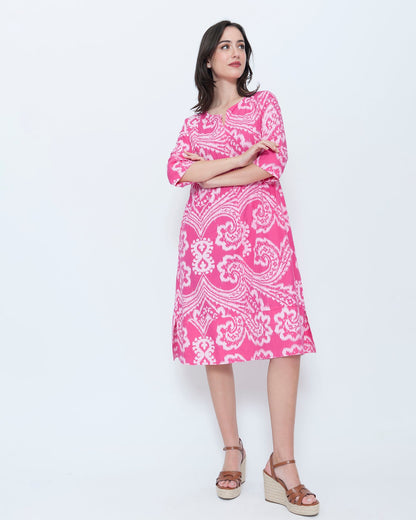Blueberry Split Neck Tunic Dress, Fuchsia Paisley