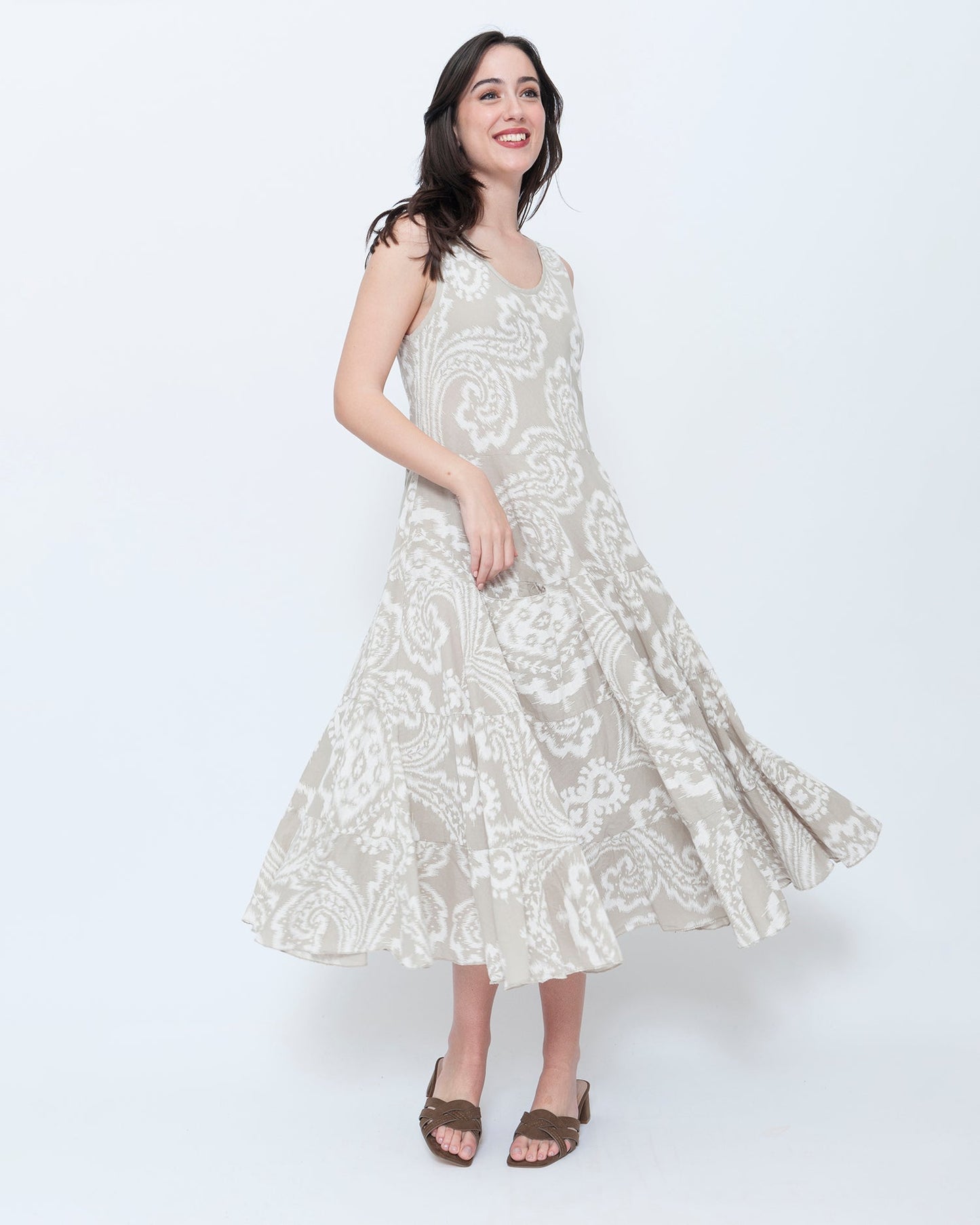 Blueberry Swing Maxi Dress, Beige Paisley