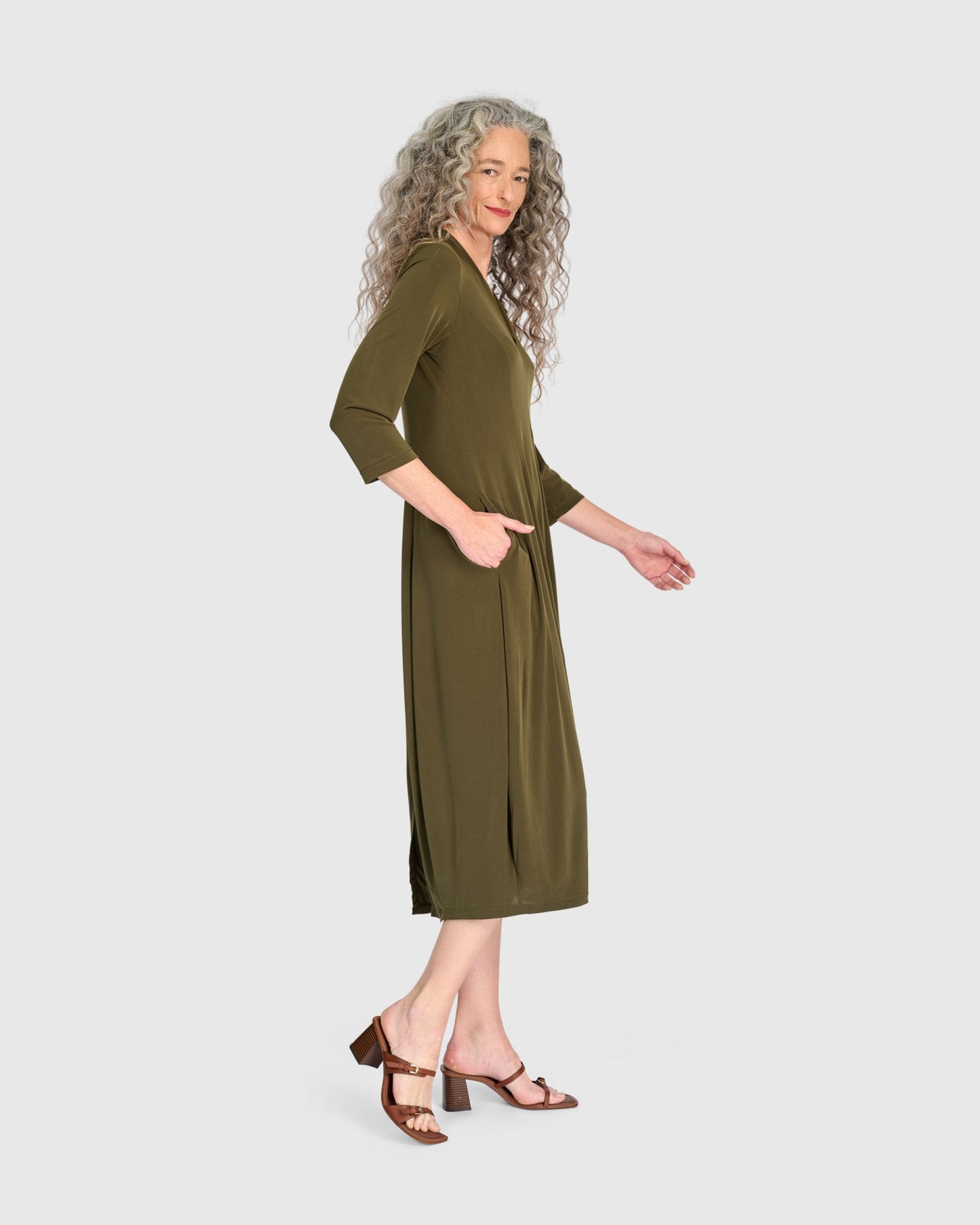 Essential 3/4 Sleeve Slinky Cocoon Dress, Khaki