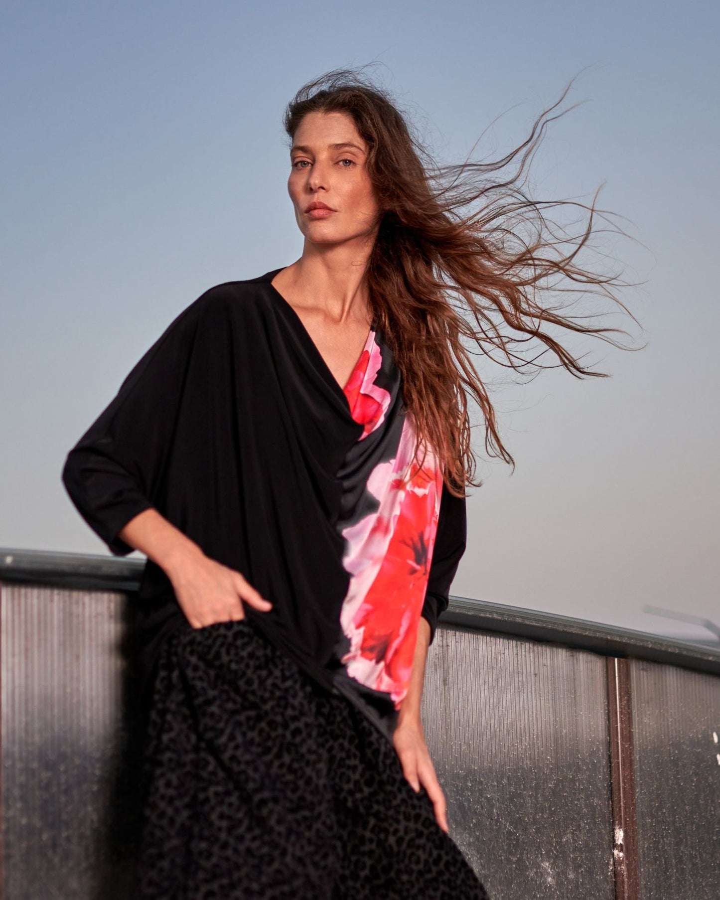 Perle Draped Top, Black/Pink