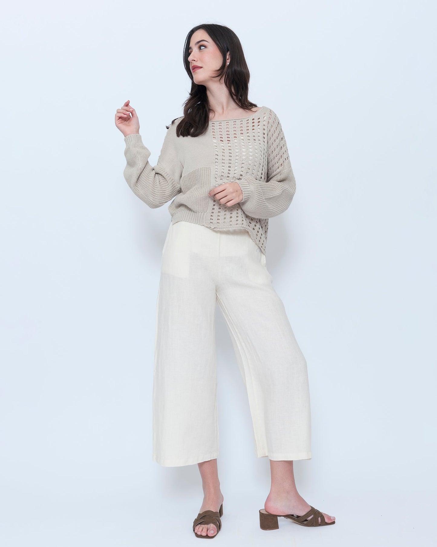 Blueberry Wide Leg Crop Pants, Ecru